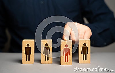 Selected highlighted person from the group. Present an employee with a promotion. Get a raise. Select and designate an employee Stock Photo