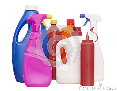 A selection of colourful, colorful plastic bottles for domestic products isolated on white background. Stock Photo