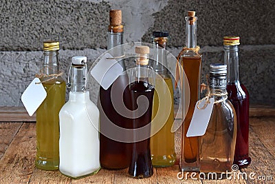 Selection of alcoholic drinks. Set of wine, brandy, liqueur, tincture, cognac, whiskey bottles. Large variety of alcohol and spiri Stock Photo