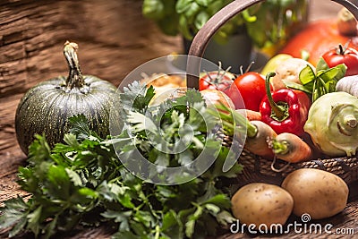 Selection of autumn fresh harvest of vegetables on a vintage wooden surface Stock Photo