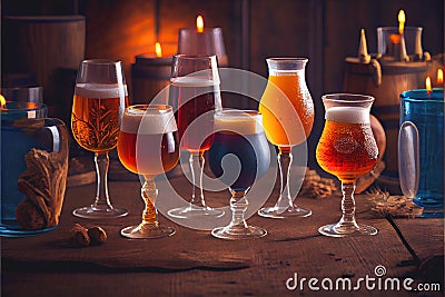 A selection of beers bar drinks in different glasses wooden table Stock Photo