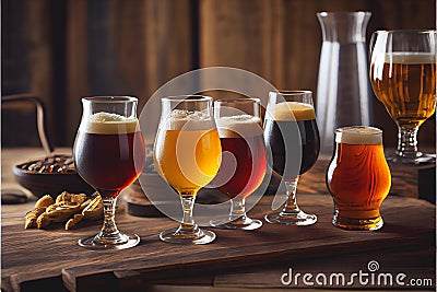 A selection of beers drinks in different glasses wooden table Stock Photo