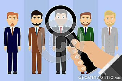 Selection of candidates for work. Job seekers. A hand with a magnifying glass looks at the candidates Cartoon Illustration