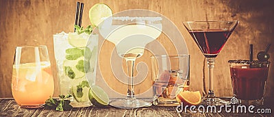 Selection of classic cocktails - cosmopolitan, mojito, bloody mary, old fashioned, margarita, aperol Stock Photo