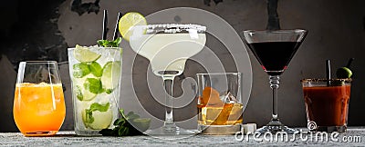 Selection of classic cocktails - cosmopolitan, mojito, bloody mary, old fashioned, margarita, aperol Stock Photo