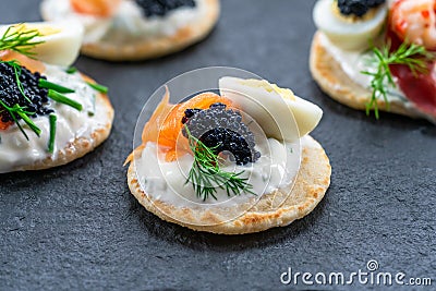 Selection of cocktail blinis - gourmet party food Stock Photo