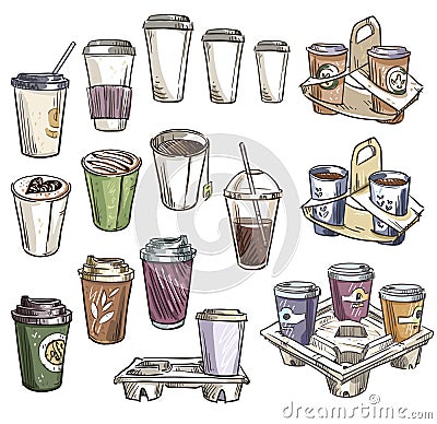 Selection of coffee takeaway cups and carrier trays. Vector Illustration