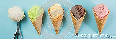 Selection of colorful ice cream scoops on blue background Stock Photo