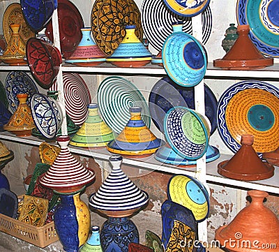 A selection of colorful Moorish pottery, Marrakesh,Marocco Stock Photo