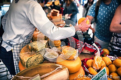 Selection of Dutch cheese at farmers traditional market Stock Photo