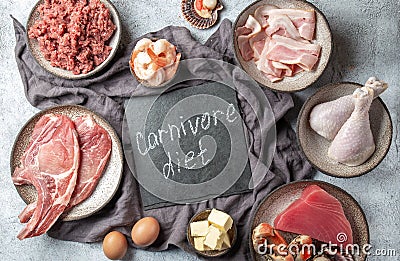 Selection food for CARNIVORE DIET. Seafood, Meat, megs and fat. Zero carbs diet concept Stock Photo