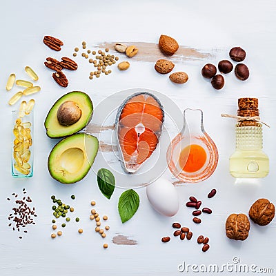 Selection food sources of omega 3 . Super food high omega 3 and Stock Photo