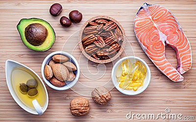 Selection food sources of omega 3 and unsaturated fats. Super food high vitamin e and dietary fiber for healthy food. Almond Stock Photo