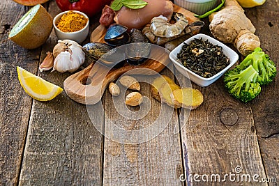 Selection of food to boost immune system - healthy, rich in vitamin and antioxidants Stock Photo