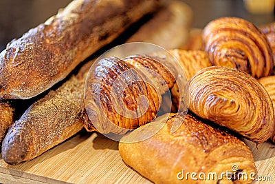 Selection of French pastries and a baguette Stock Photo