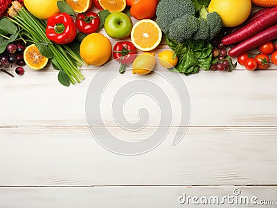 Selection of fresh fruit and vegetables on white wooden table - top view Stock Photo
