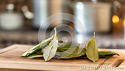 A selection of fresh herbs: bay leaves, sitting on a chopping board against blurred kitchen background copy space Stock Photo