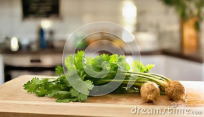 A selection of fresh herbs: coriander leaves, sitting on a chopping board against blurred kitchen background copy space Stock Photo