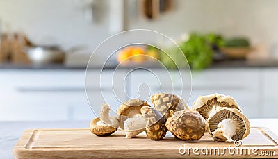 A selection of fresh vegetable: maitake mushroom, sitting on a chopping board against blurred kitchen background copy space Stock Photo