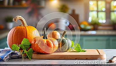 A selection of fresh vegetable: pumpkin, sitting on a chopping board against blurred kitchen background copy space Stock Photo