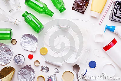 Selection of garbage for recycling - metal, plastic, and glass. Concept of recycling Stock Photo