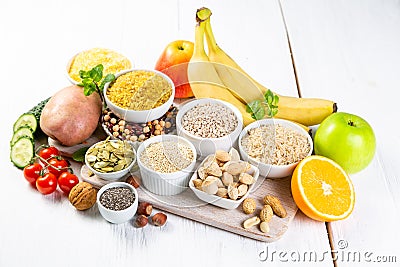 Selection of good carbohydrates sources. Healthy vegan diet Stock Photo