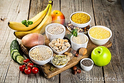 Selection of good carbohydrates sources. Healthy vegan diet Stock Photo