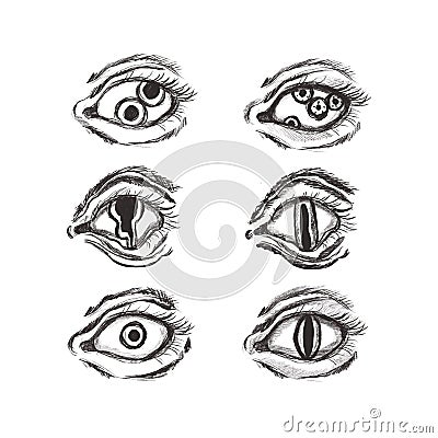 A selection of hand-drawn eyes with different pupils Stock Photo