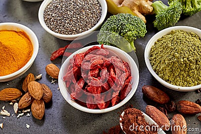 Selection of healthy nutritious superfoods Stock Photo