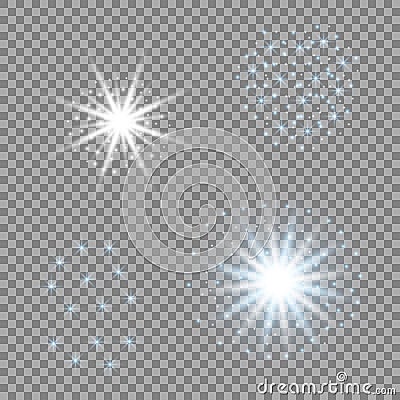 Selection of light stars on a transparent background. Blue vector glare for your design. Vector Illustration