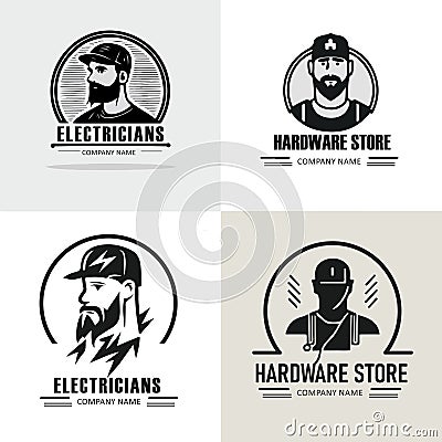 A selection of logos for electricians and construction firms and shops. Brutal men and text Vector Illustration