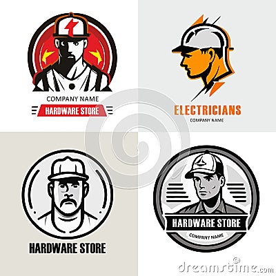 A selection of logos with workers of different professions, electricians, builders and others. For your design Vector Illustration