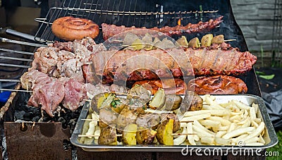 Selection of meat grilling over the coals on a portable barbecue with spicy sausages, beef kebabs and racks of ribs, outdoors Stock Photo