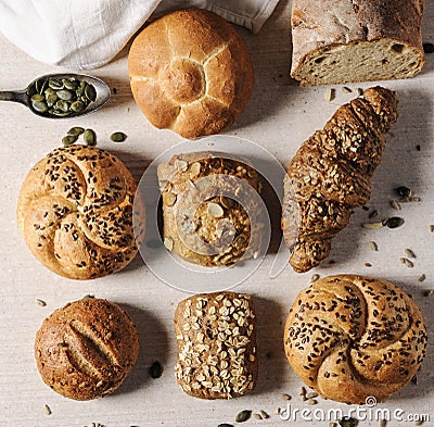 Selection of Mixed Bread Rolls or Buns Stock Photo