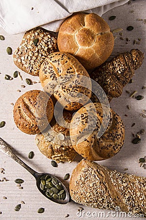 Selection of Mixed Bread Rolls or Buns Stock Photo