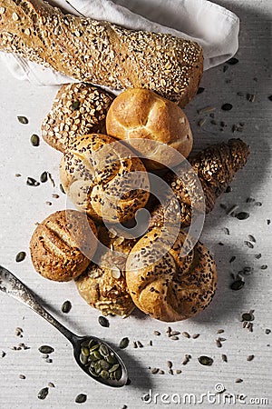 Selection of Mixed Bread Rolls or Buns Stock Photo