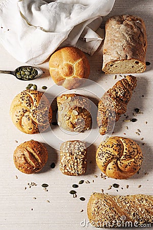 Selection of Mixed Bread Rolls or Buns Stock Photo