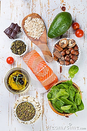 Selection of nutritive food - heart, cholesterol, diabetes Stock Photo