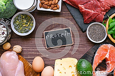 Selection of protein food sources. Meat, fish, vegetables, dairy, beans, nuts and seeds for healthy balance diet Stock Photo