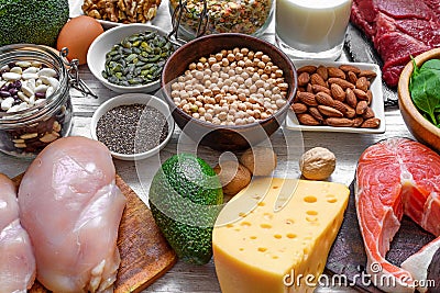 Selection of protein food sources. Meat, fish, vegetables, dairy, nuts and seeds for healthy balance diet Stock Photo