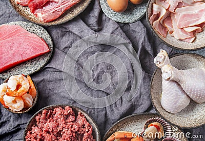 Selection protein sources. Seafood, Meat megs and fat. Zero carbs diet concept Stock Photo