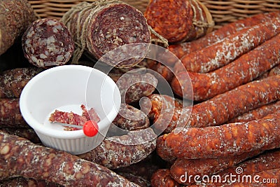 A selection of salami and dried meat Stock Photo