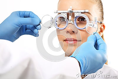 Selection of spectacles, woman ophthalmologist. Stock Photo