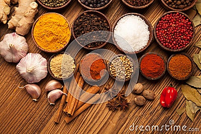 A selection of spices and food Stock Photo