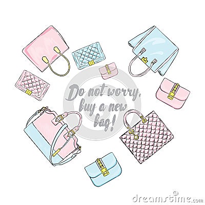 A selection of stylish bags laid out in the shape of a heart. Vector illustration for a card Vector Illustration