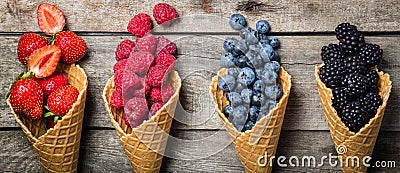 Selection of summer berries in ice cream cones Stock Photo