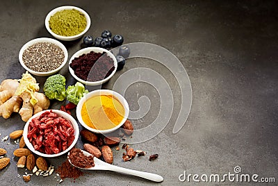 Selection of superfoods for a healthy diet Stock Photo