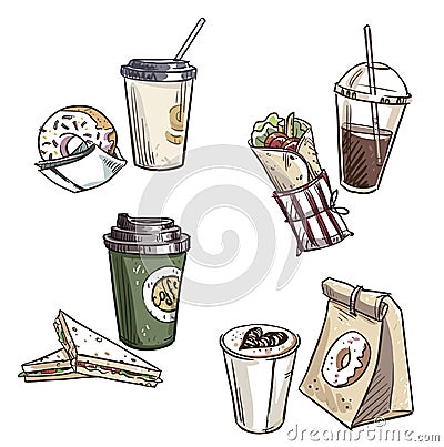 Selection of takeaway snacks. takeaway packaging. Fast food. Vector Illustration