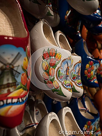 Selection of traditional typical dutch footwear Klompen Klomp clog shoes in Zaanse Schans Amsterdam Holland Netherlands Stock Photo