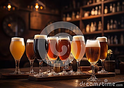 Selection of various glasses with craft beer on pub table with various bottles background.Macro.AI Generative Stock Photo